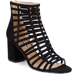 Karl Lagerfield Jasmint Black Suede Caged Back Zip Open Toe Heel
